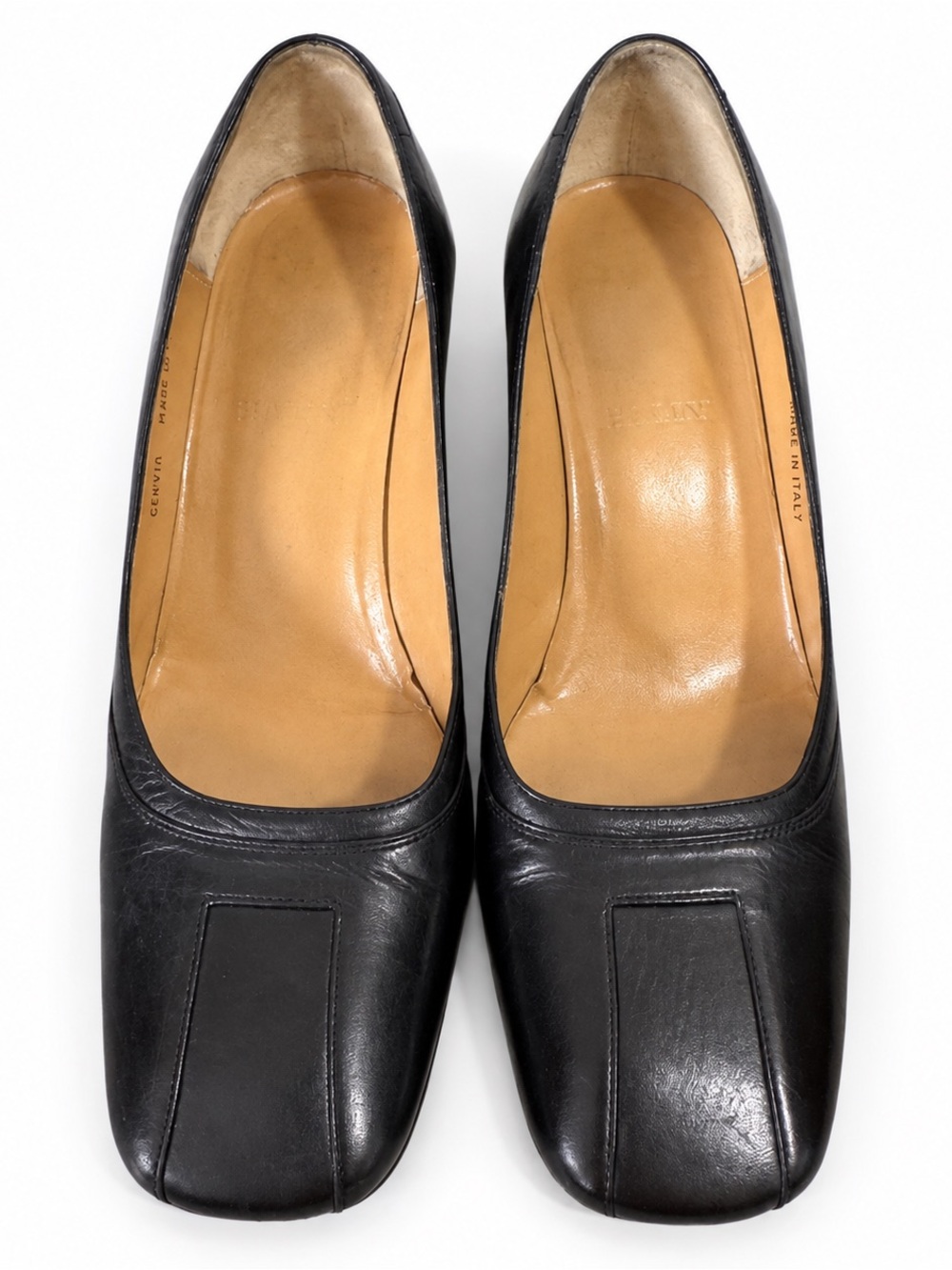 Vintage Bally Cervia Black Leather Pumps block Heel 7 Made in Italy Square to